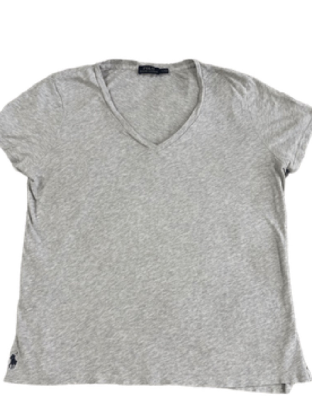 Polo Ralph Lauren V Neck T-Shirt, Cap Sleeve, Gray, Sz L, Logo at Bottom Hem